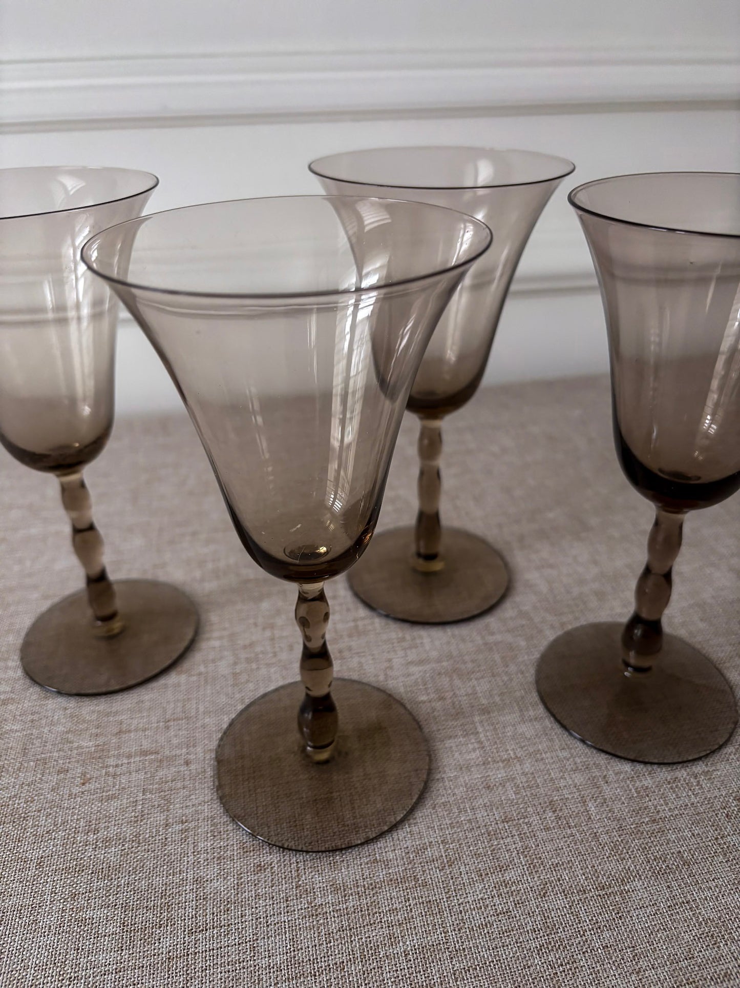 Set of 4 Orrefors “Astrid Sampe” Smoky Bobbin Stem Wine Glasses
