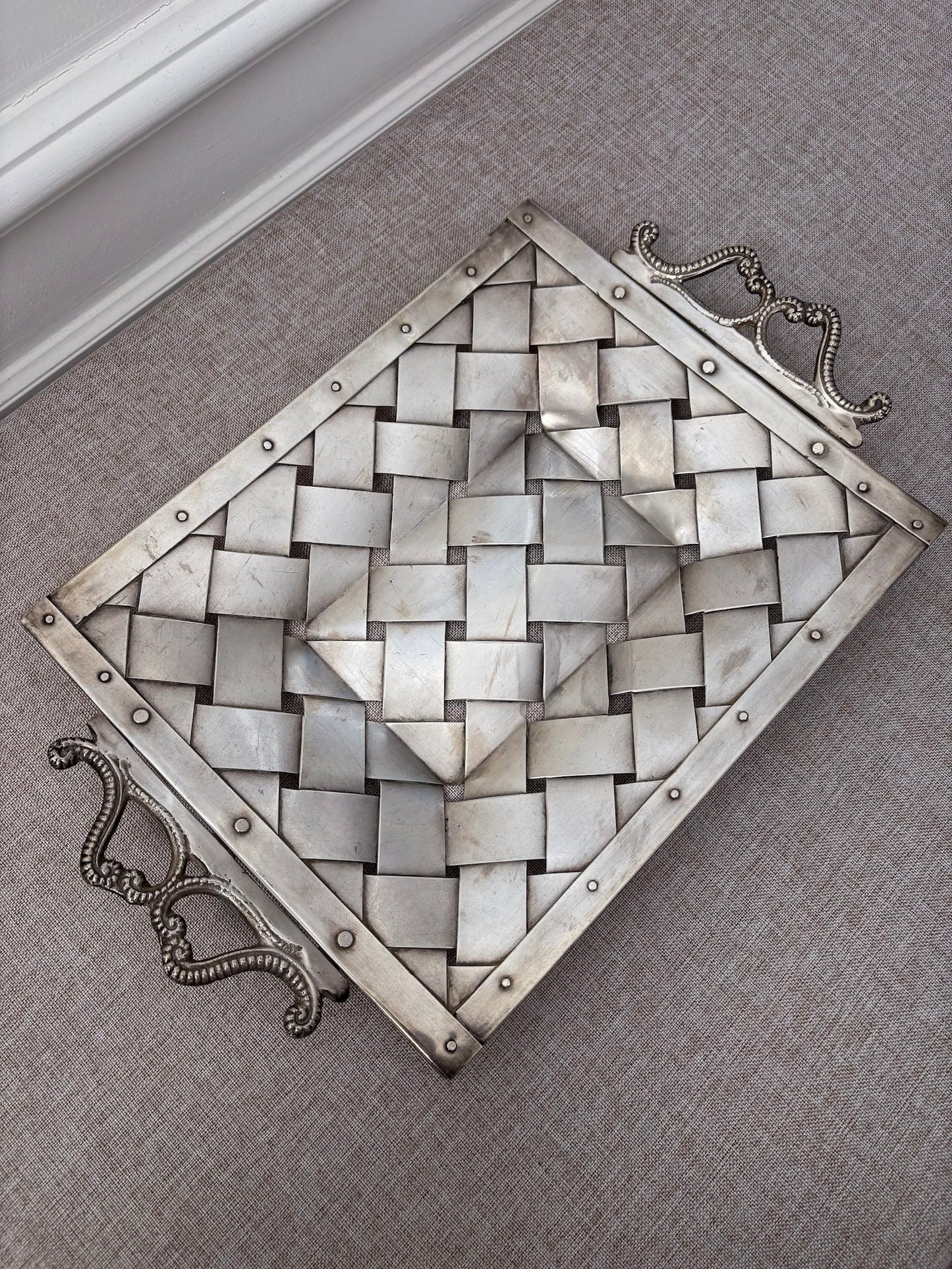 Silver-Tone Woven Tray with Ornate Handles, Rectangular Decorative Tray