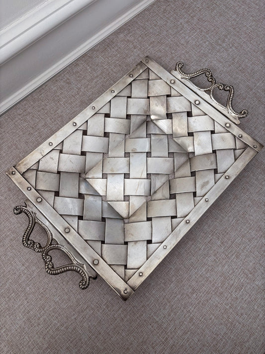 Silver-Tone Woven Tray with Ornate Handles, Rectangular Decorative Tray