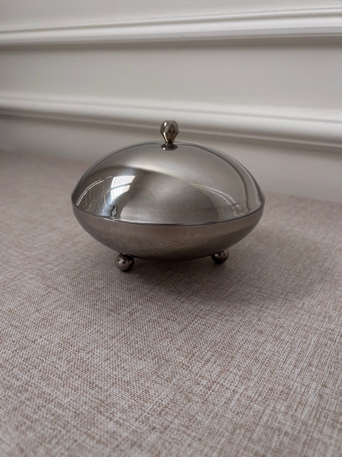 1960s Chrome Lidded Bowl | Mid Century Modern Metal Trinket Dish