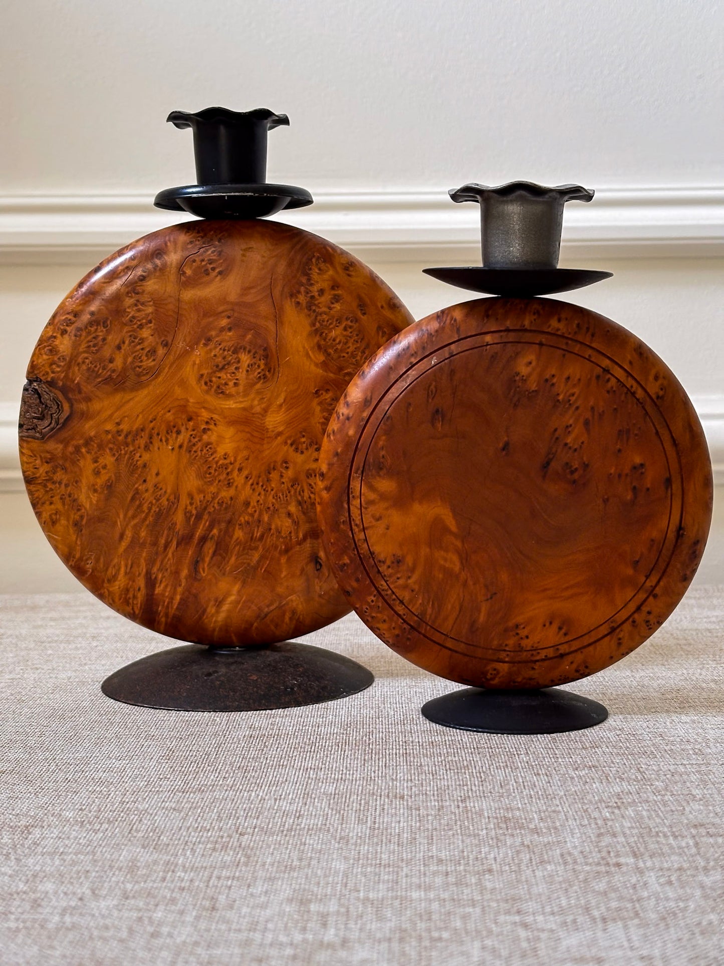 Pair of Vintage Burr Wood Candlesticks | Ripple Edge Sculptural Candle Holders
