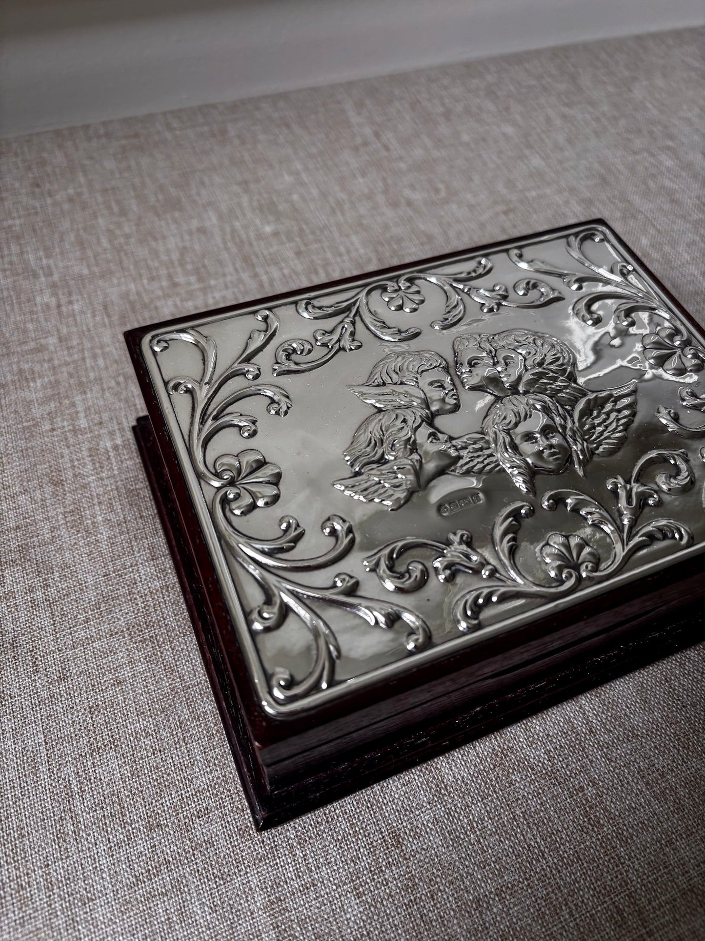 Vintage 925 Sterling Silver Cherub Jewellery Box | Ornate Silver & Wood Keepsake Box