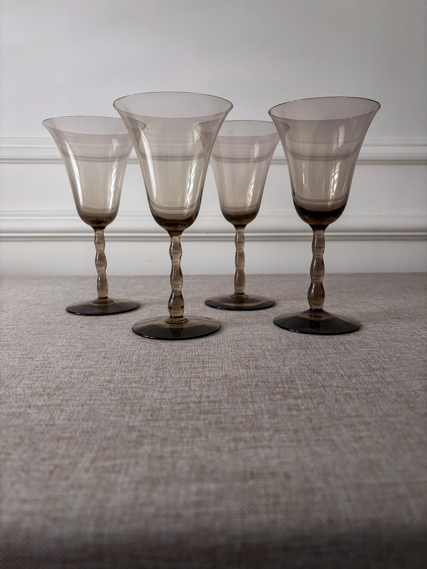 Set of 4 Orrefors “Astrid Sampe” Smoky Bobbin Stem Wine Glasses
