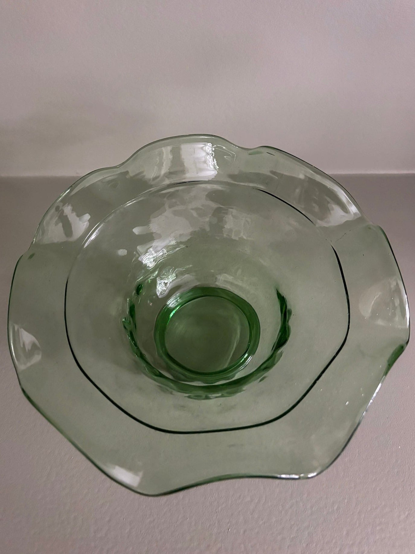 Green Glass Fluted Ruffle Edge Bowl
