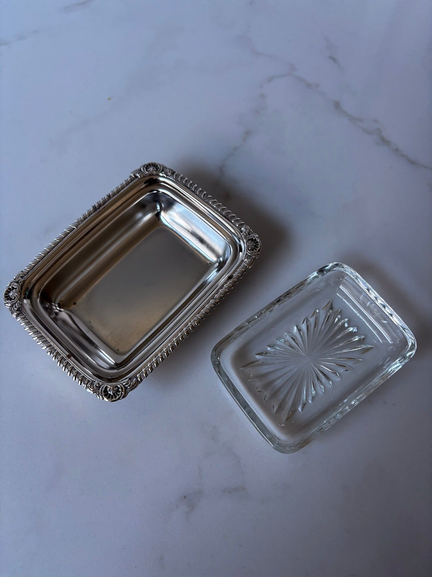 Silver-Plated Soap Dish with Cut Glass Insert