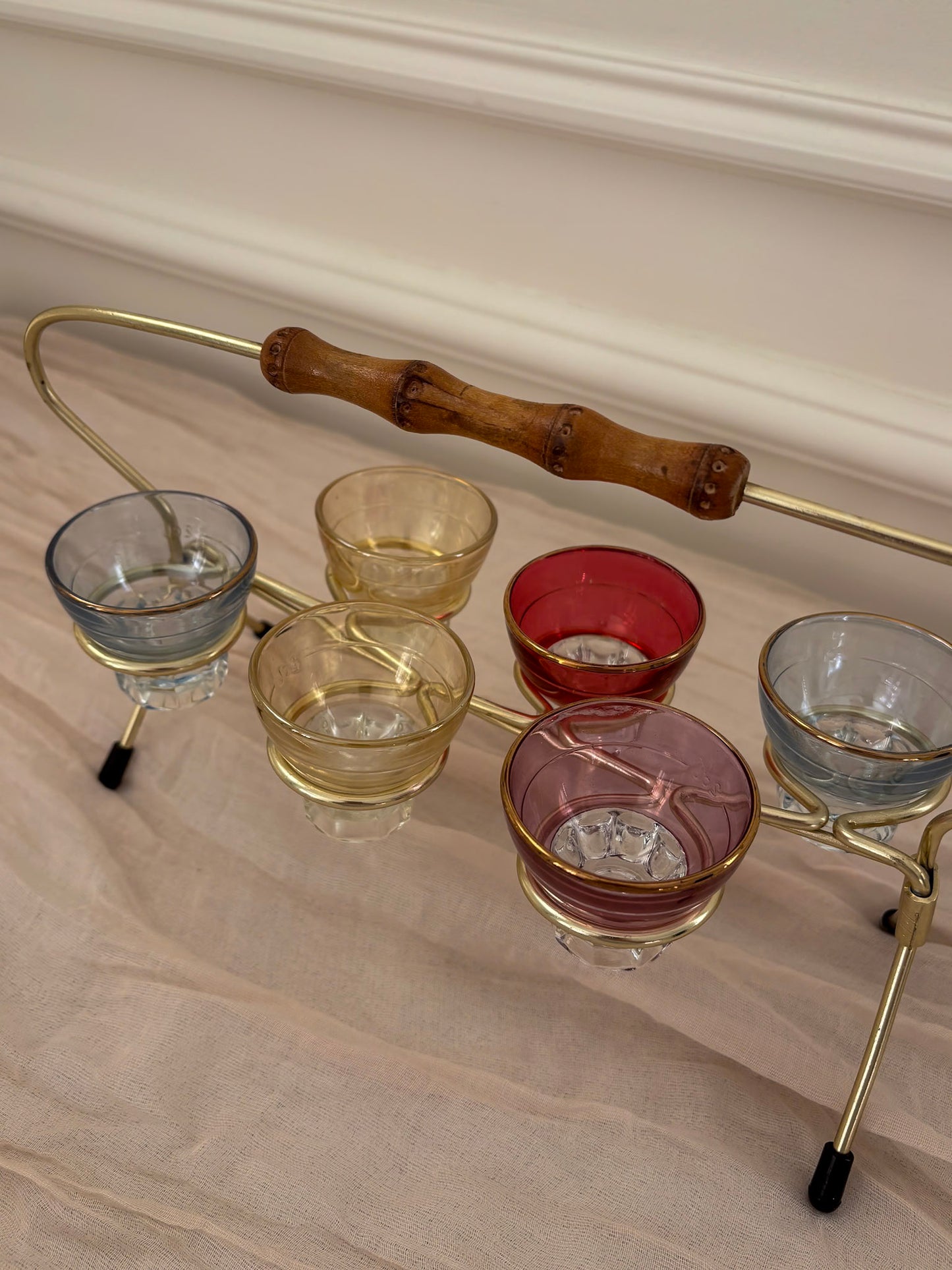 1950s Harlequin Shot Glass Set with Caddy & Bamboo Handle