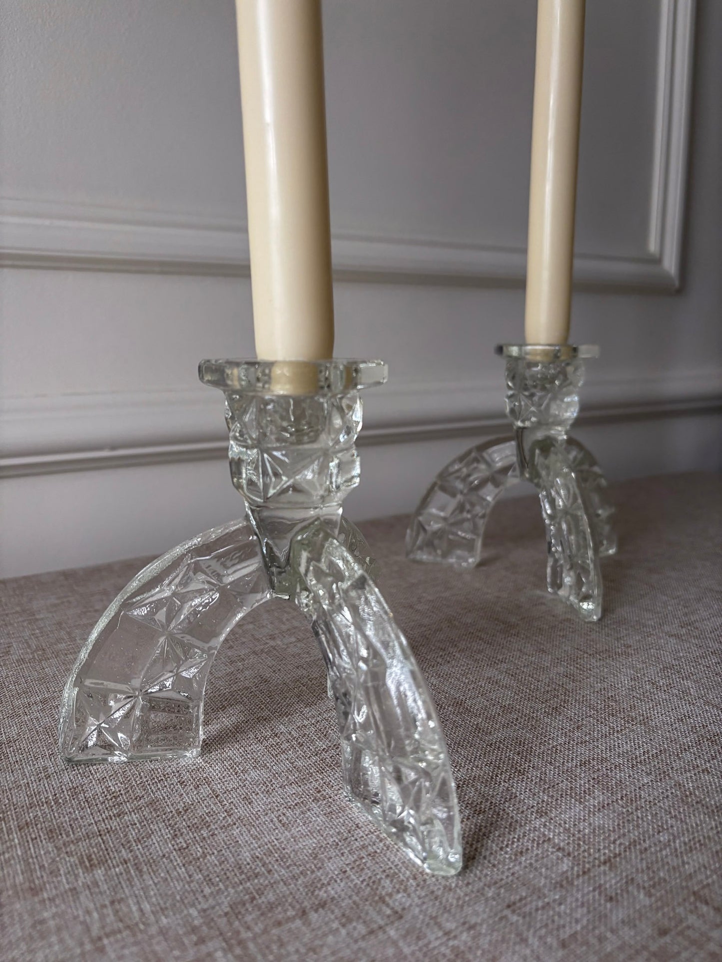1930s Art Deco Pressed Glass Candlesticks - Pair