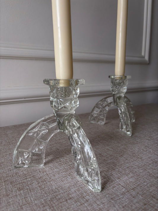 1930s Art Deco Pressed Glass Candlesticks - Pair