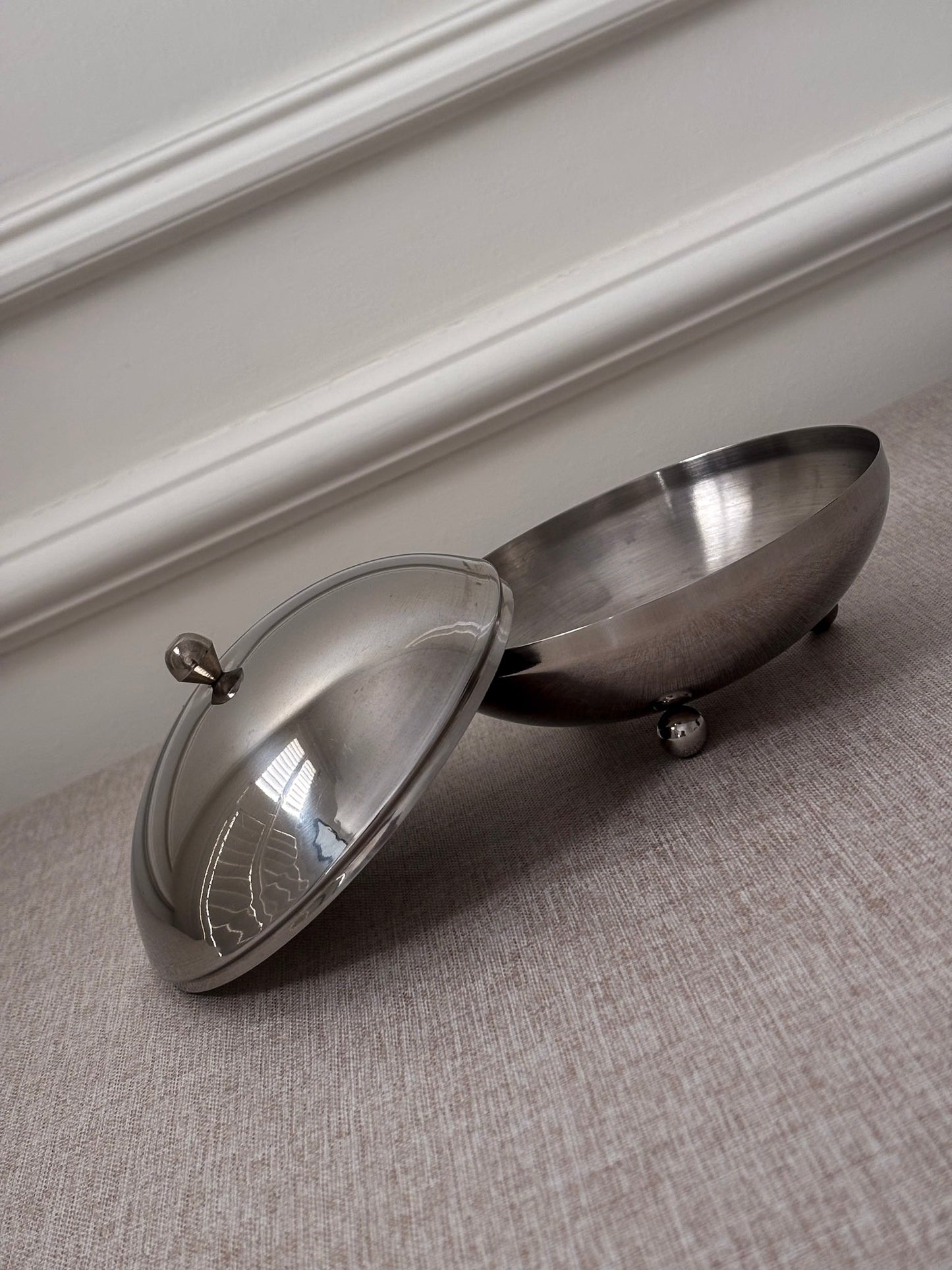 1960s Chrome Lidded Bowl | Mid Century Modern Metal Trinket Dish