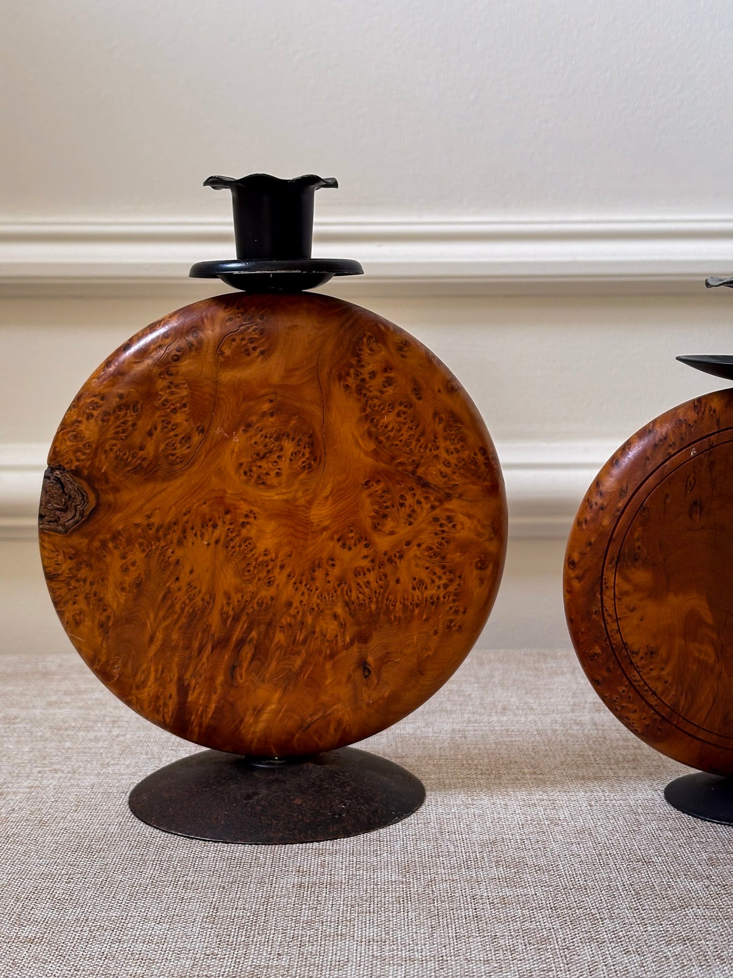 Pair of Vintage Burr Wood Candlesticks | Ripple Edge Sculptural Candle Holders