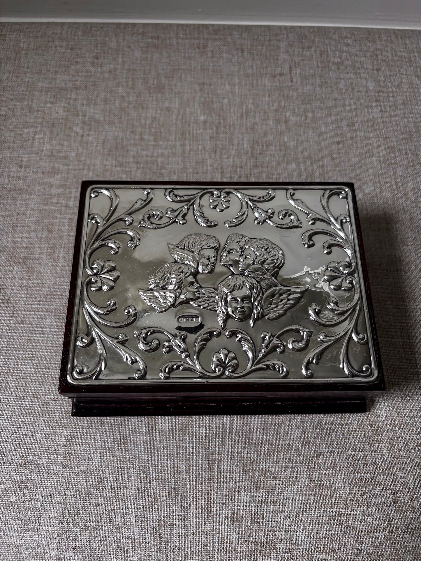 Vintage 925 Sterling Silver Cherub Jewellery Box | Ornate Silver & Wood Keepsake Box
