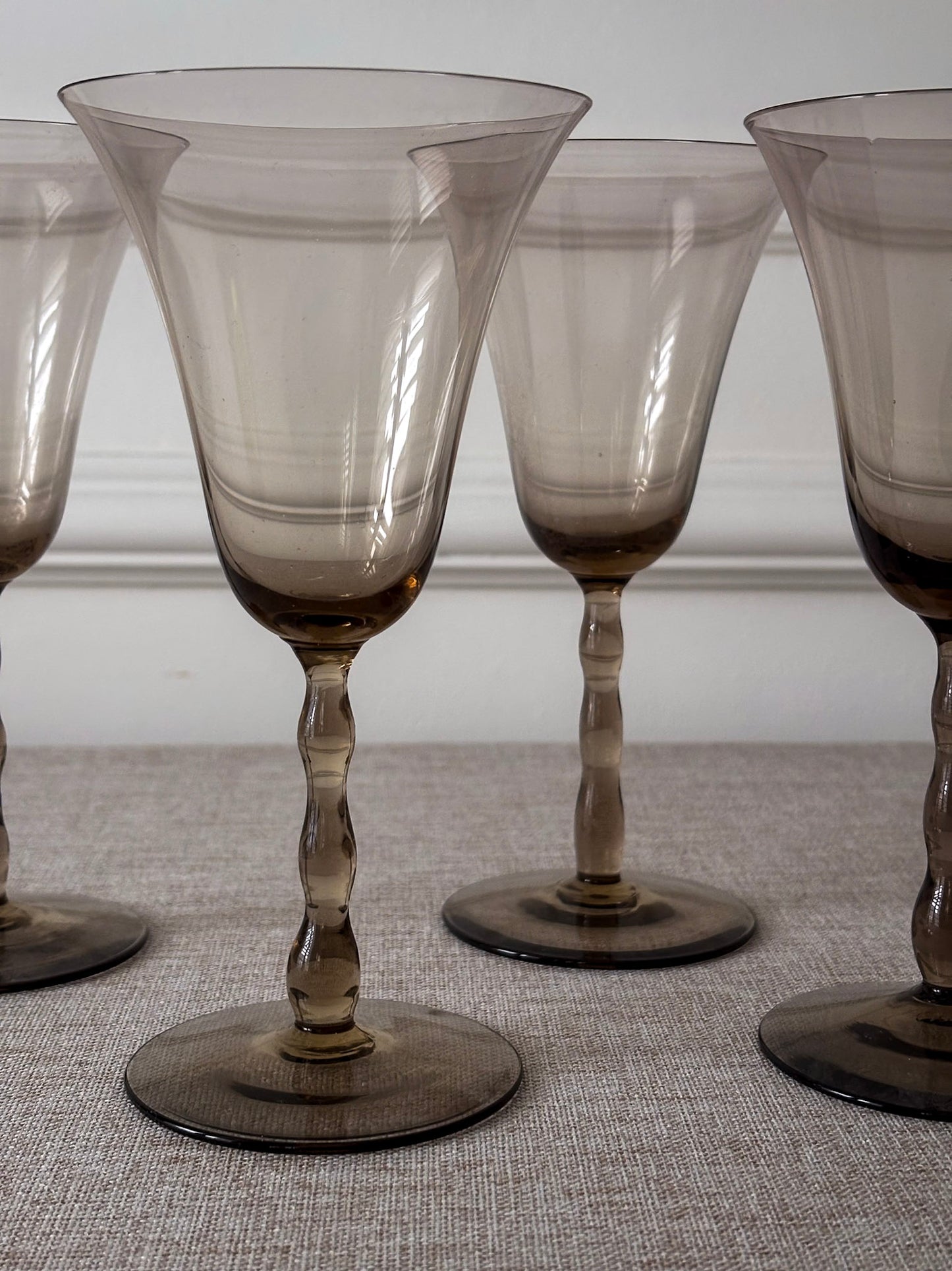 Set of 4 Orrefors “Astrid Sampe” Smoky Bobbin Stem Wine Glasses