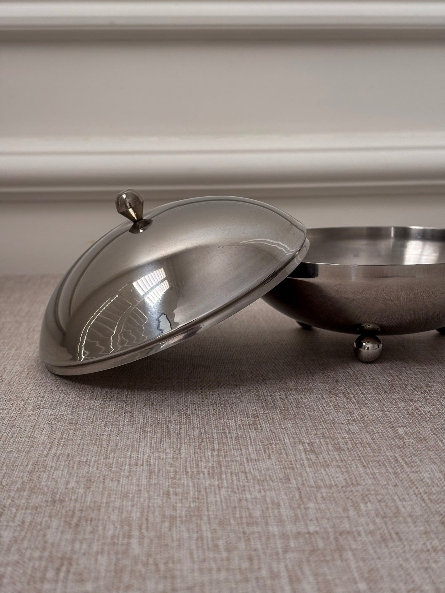 1960s Chrome Lidded Bowl | Mid Century Modern Metal Trinket Dish