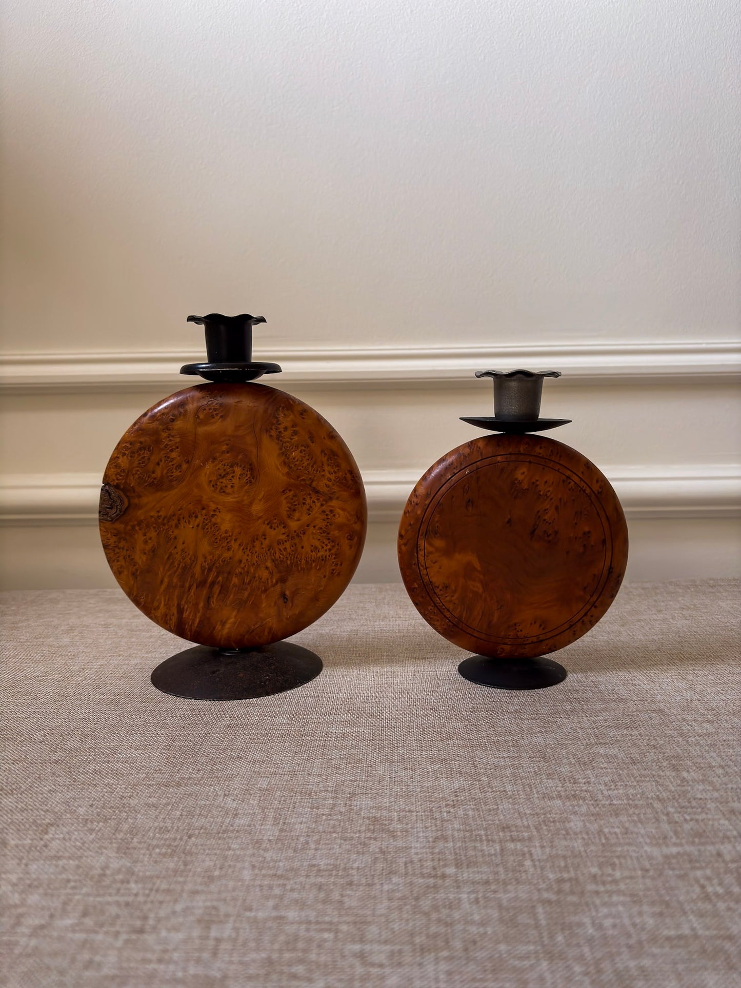 Pair of Vintage Burr Wood Candlesticks | Ripple Edge Sculptural Candle Holders