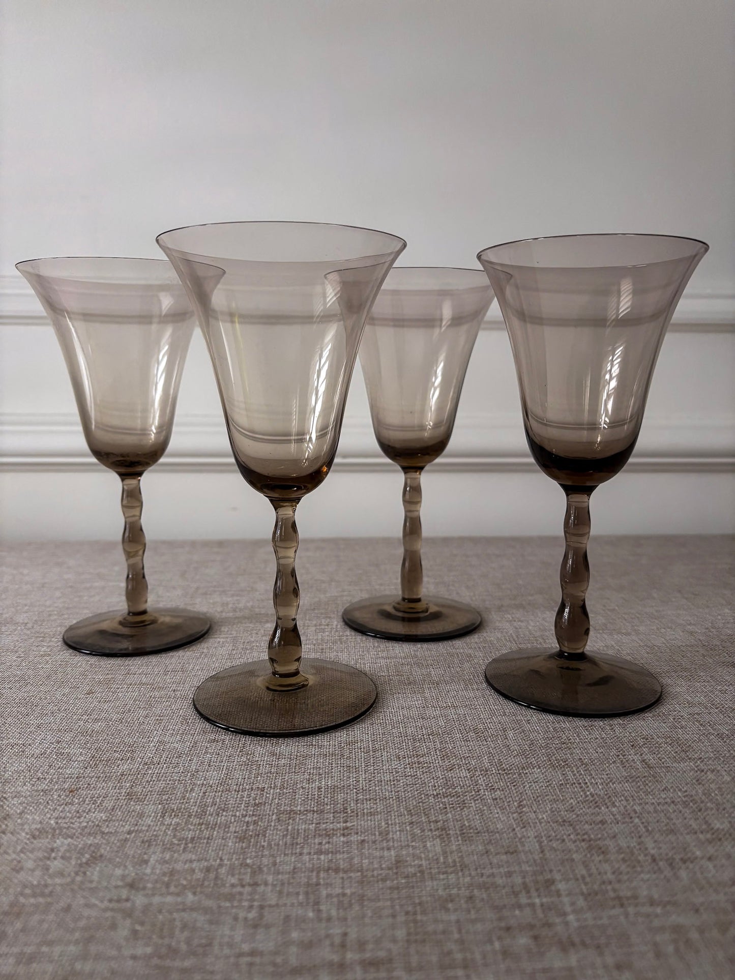 Set of 4 Orrefors “Astrid Sampe” Smoky Bobbin Stem Wine Glasses