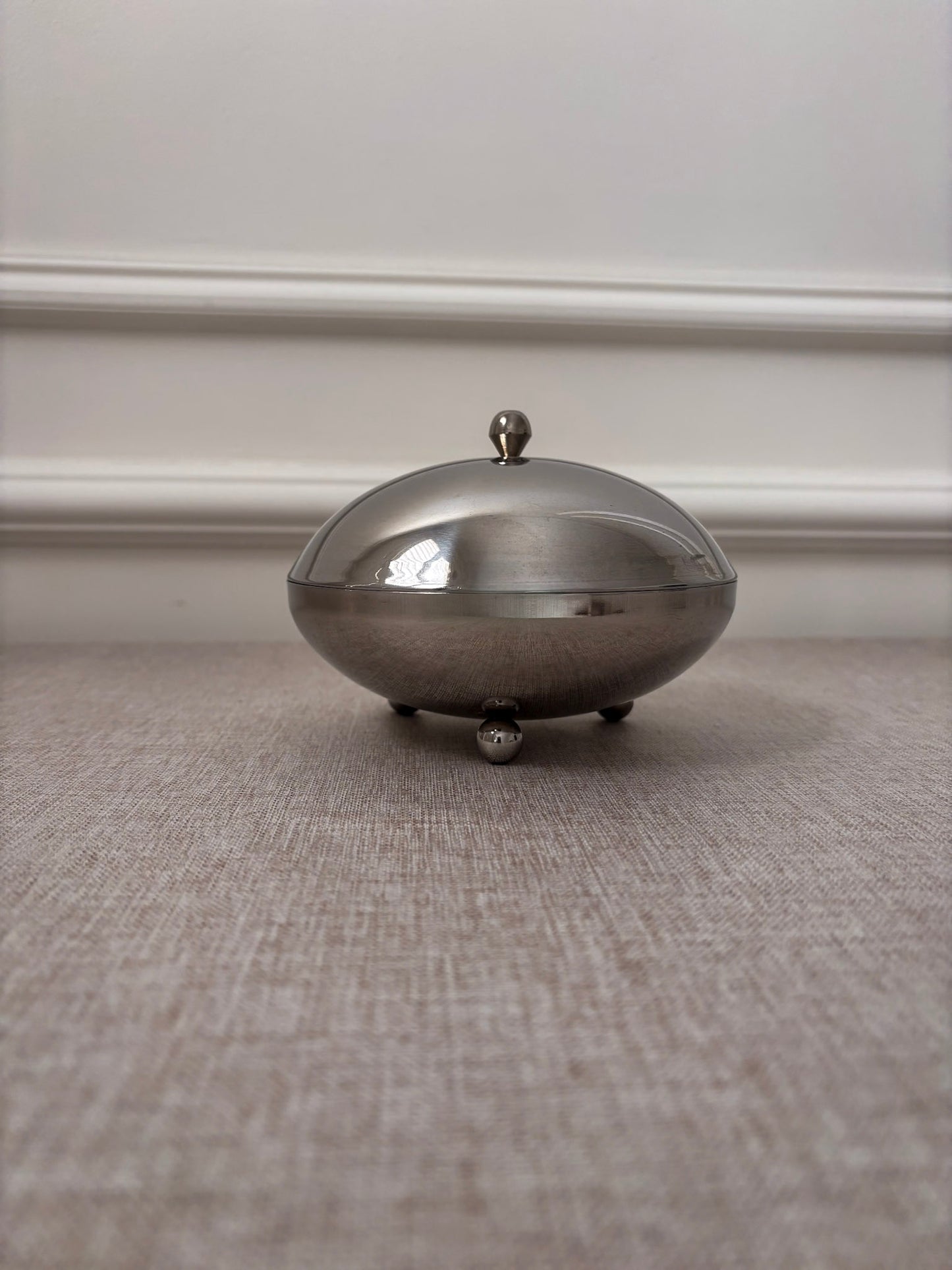 1960s Chrome Lidded Bowl | Mid Century Modern Metal Trinket Dish