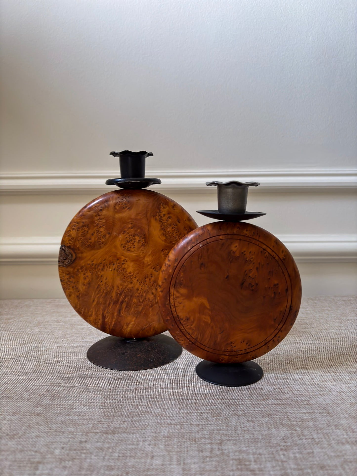 Pair of Vintage Burr Wood Candlesticks | Ripple Edge Sculptural Candle Holders