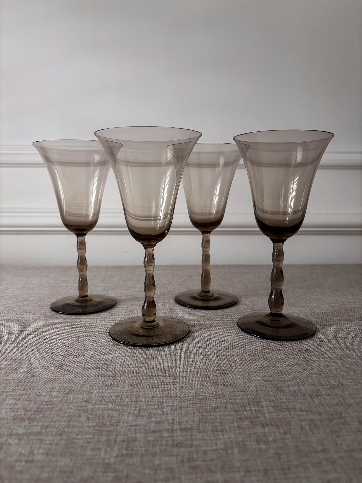 Set of 4 Orrefors “Astrid Sampe” Smoky Bobbin Stem Wine Glasses