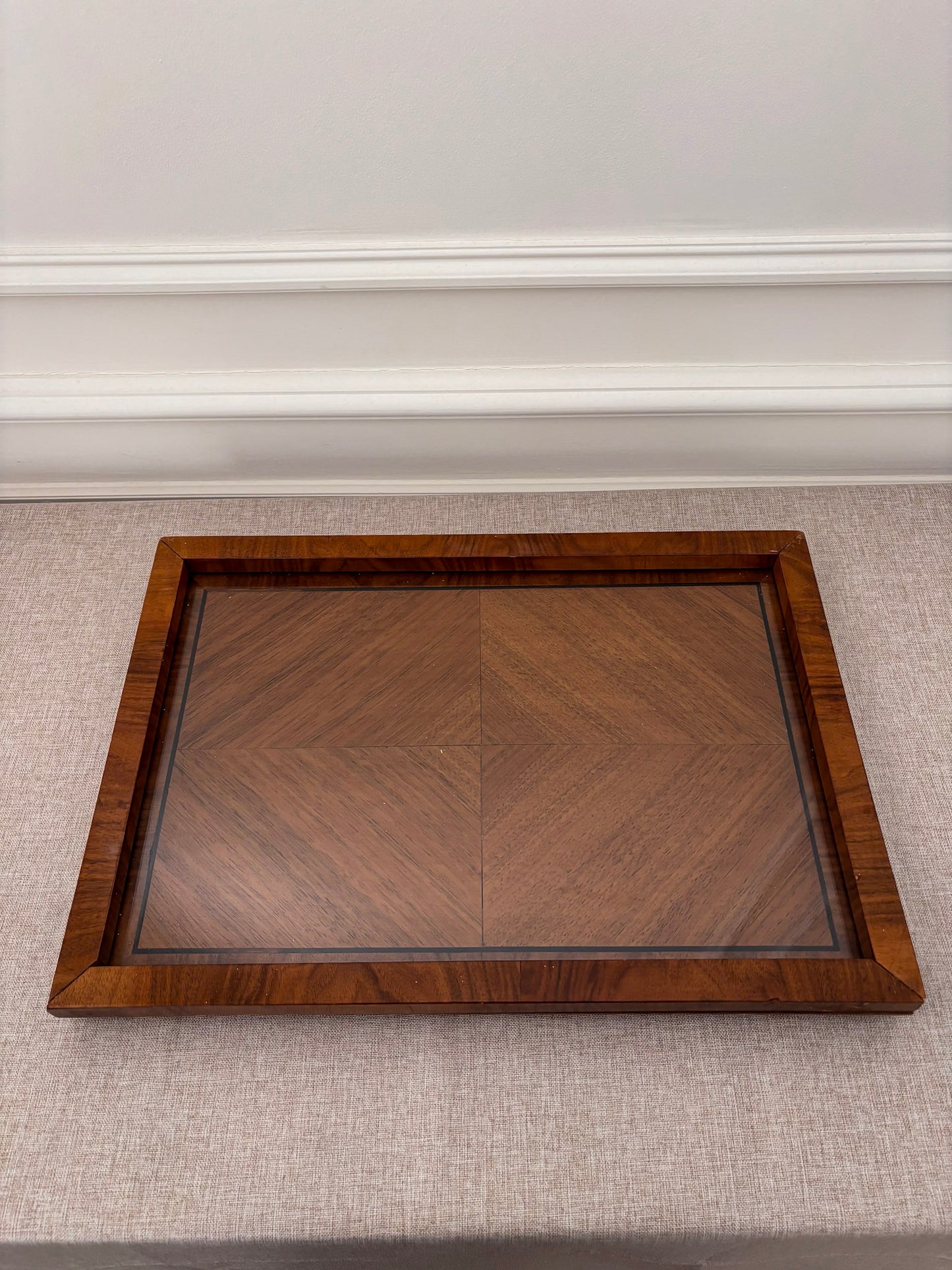 Mid Century Walnut & Glass Serving Tray | Vintage Wood Coffee Table Tray