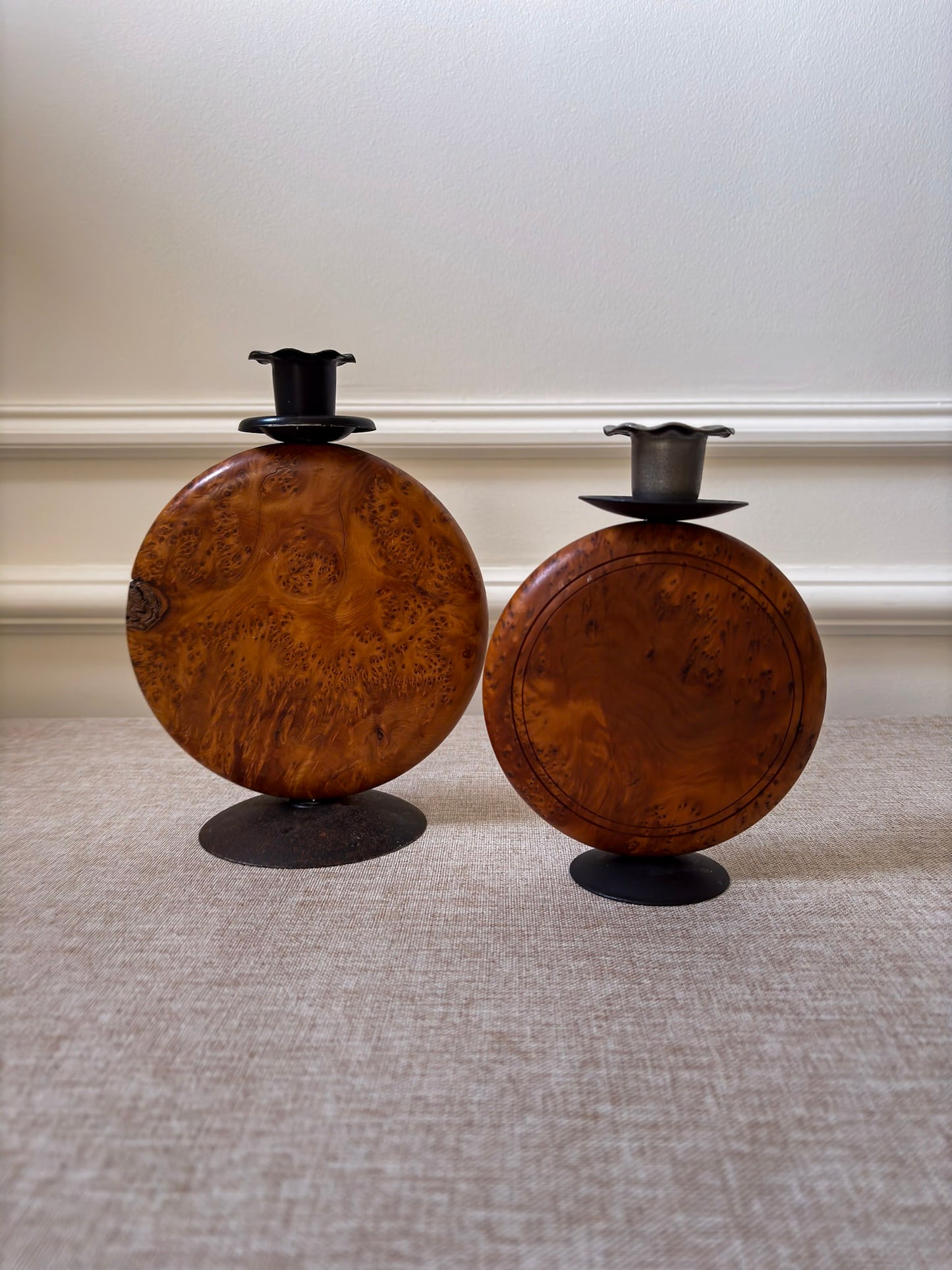 Pair of Vintage Burr Wood Candlesticks | Ripple Edge Sculptural Candle Holders