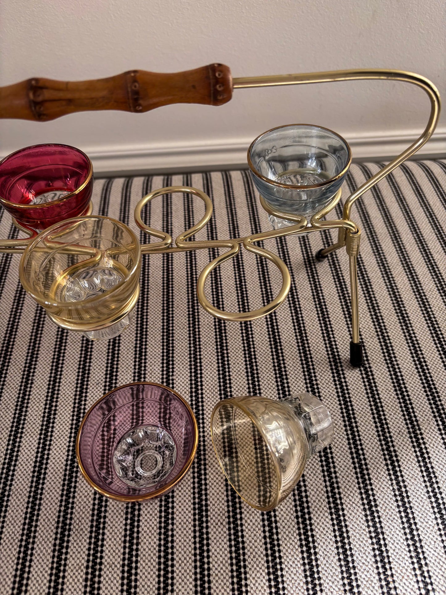 1950s Harlequin Shot Glass Set with Caddy & Bamboo Handle