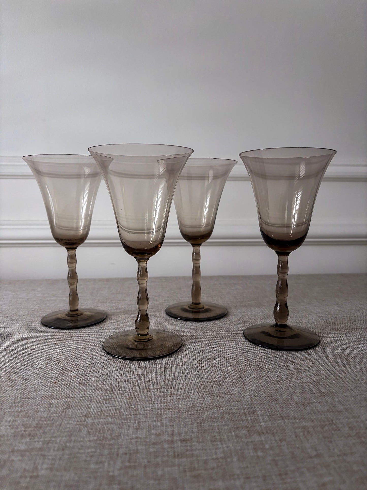 Set of 4 Orrefors “Astrid Sampe” Smoky Bobbin Stem Wine Glasses