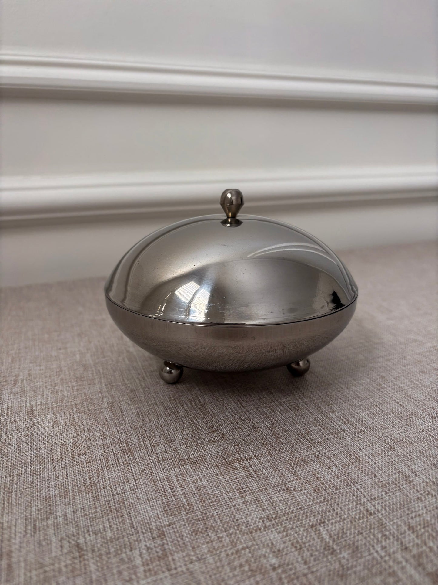 1960s Chrome Lidded Bowl | Mid Century Modern Metal Trinket Dish