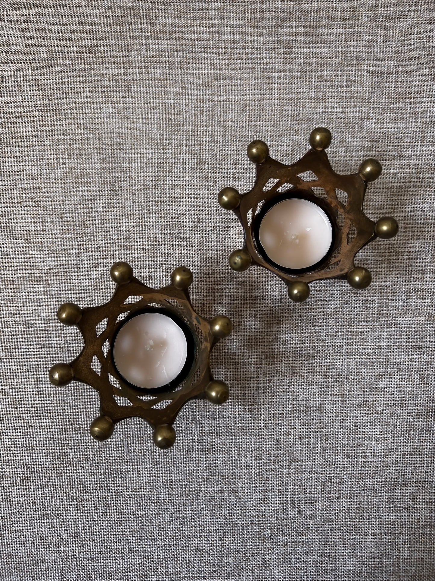 Pair of Vintage Brass Crown Candle Holders | Sculptural Brass Tealight Holders