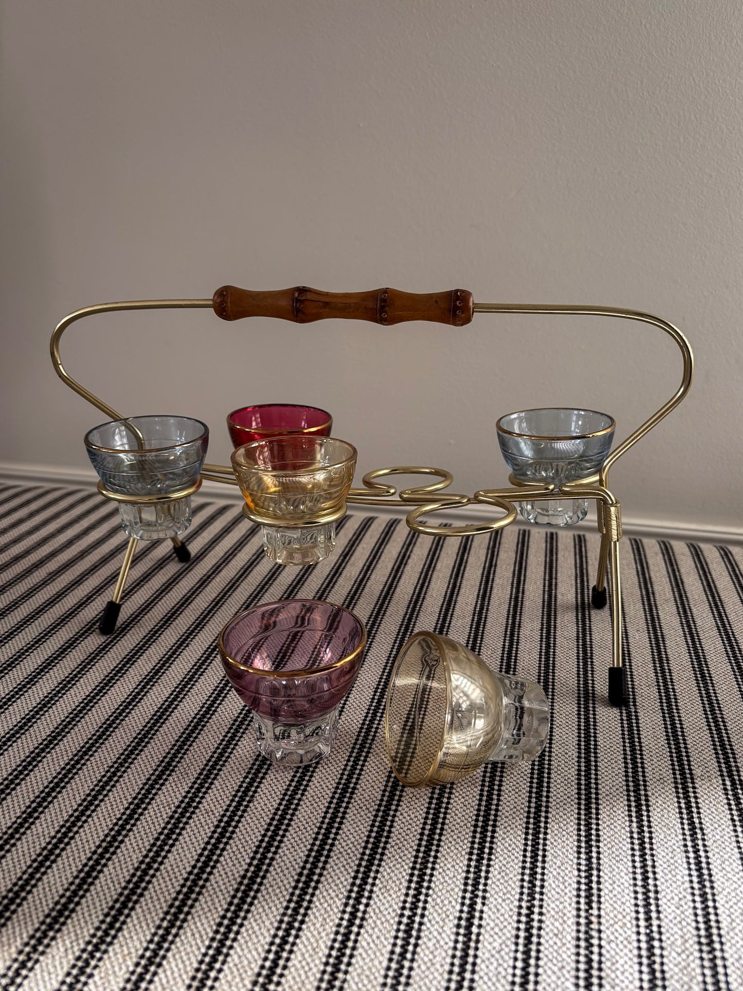 1950s Harlequin Shot Glass Set with Caddy & Bamboo Handle