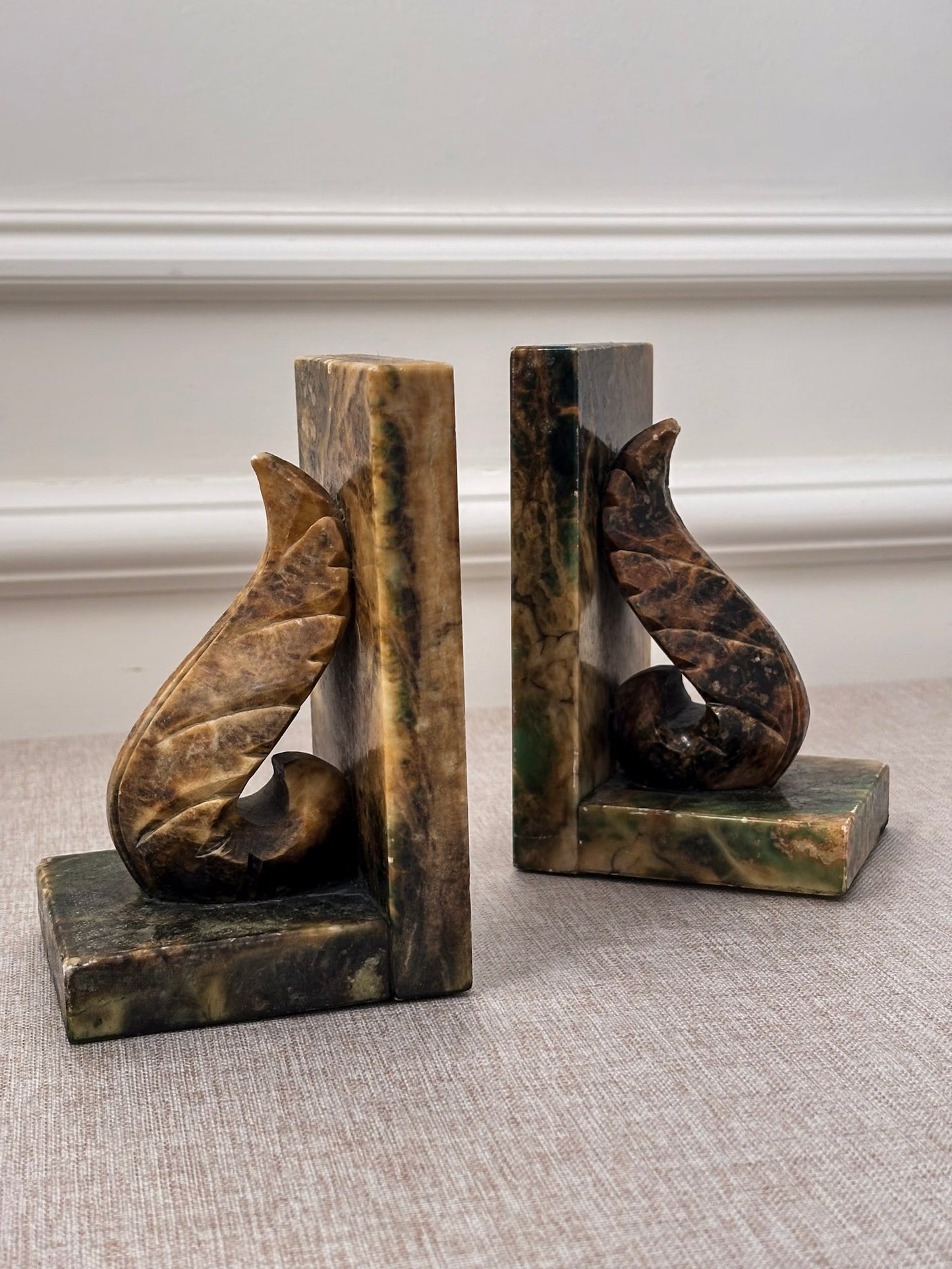 Vintage Italian Alabaster Bookends Pair | Sculptural Marble Stone Art Deco Book Ends