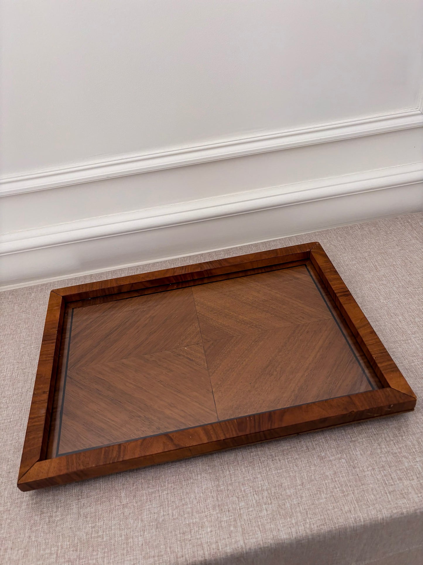 Mid Century Walnut & Glass Serving Tray | Vintage Wood Coffee Table Tray