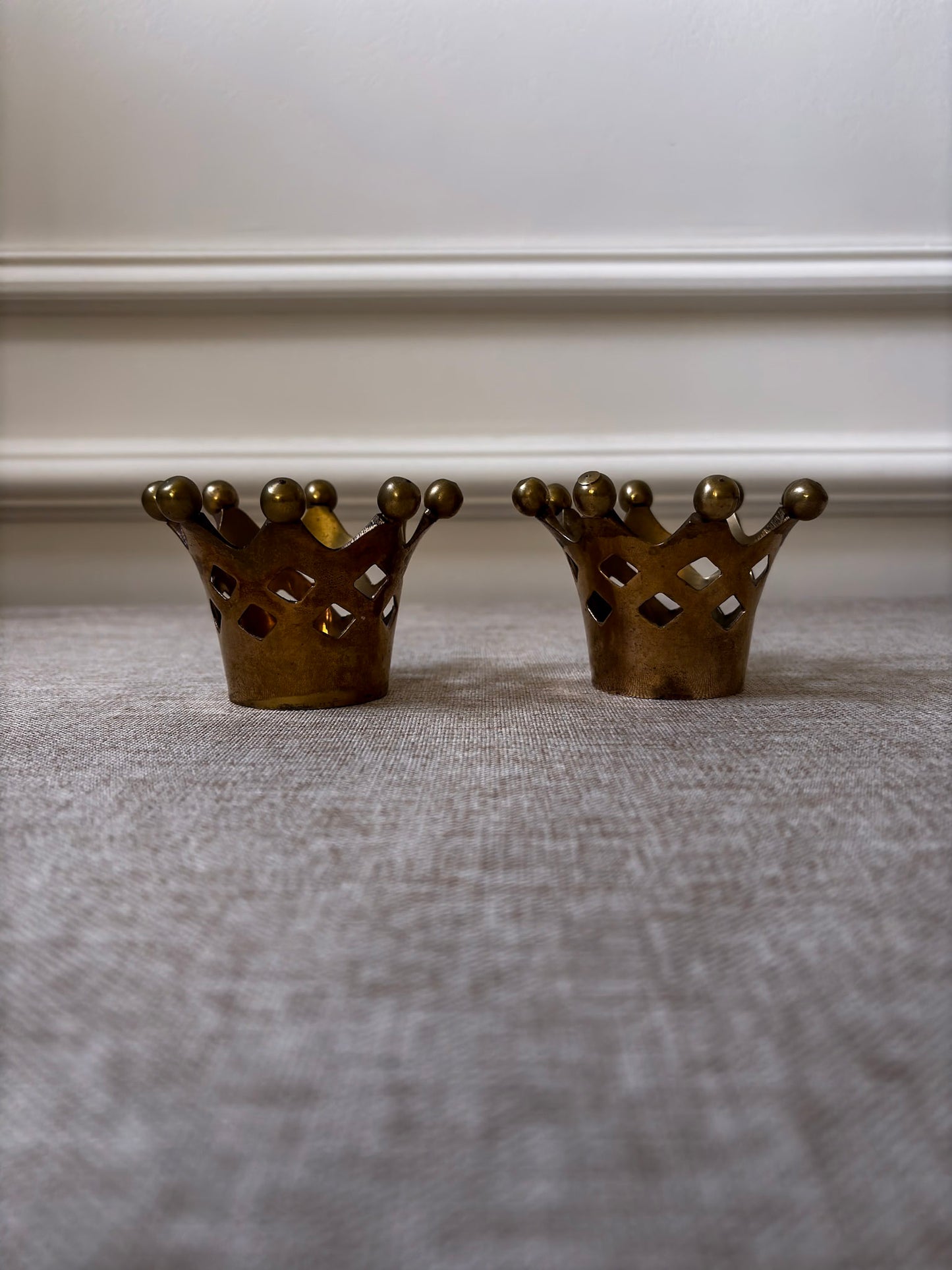 Pair of Vintage Brass Crown Candle Holders | Sculptural Brass Tealight Holders