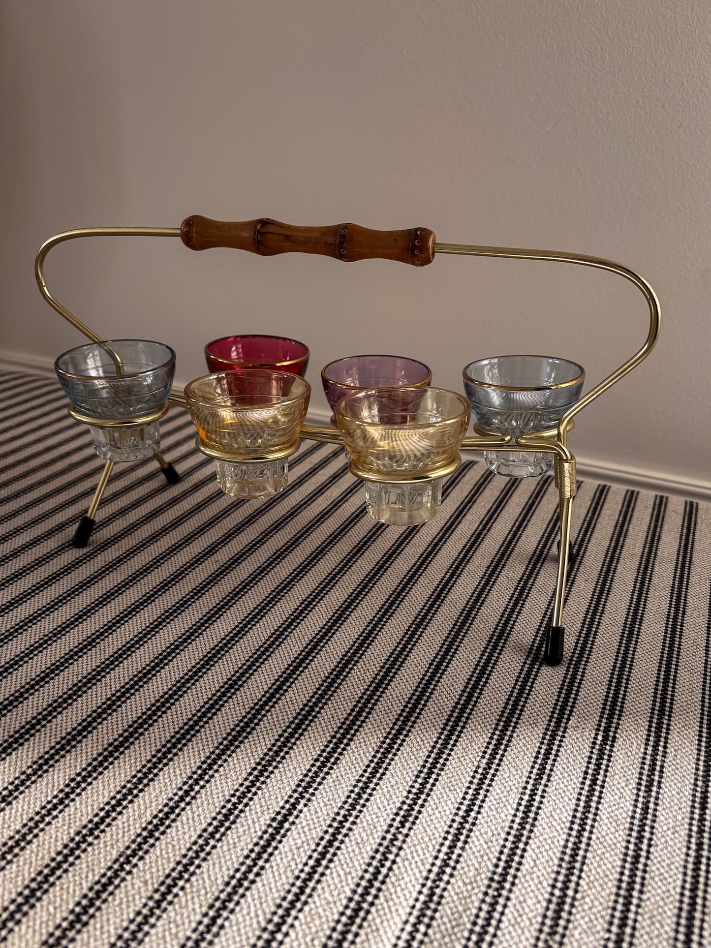 1950s Harlequin Shot Glass Set with Caddy & Bamboo Handle