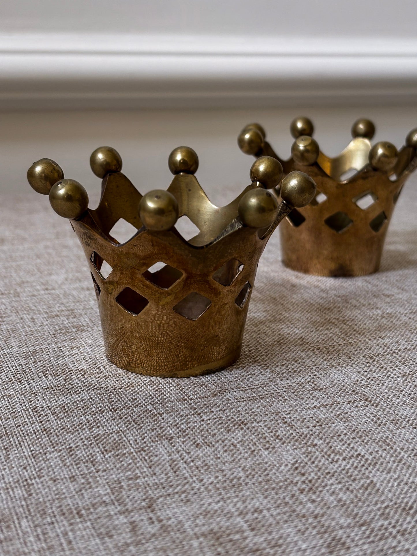 Pair of Vintage Brass Crown Candle Holders | Sculptural Brass Tealight Holders