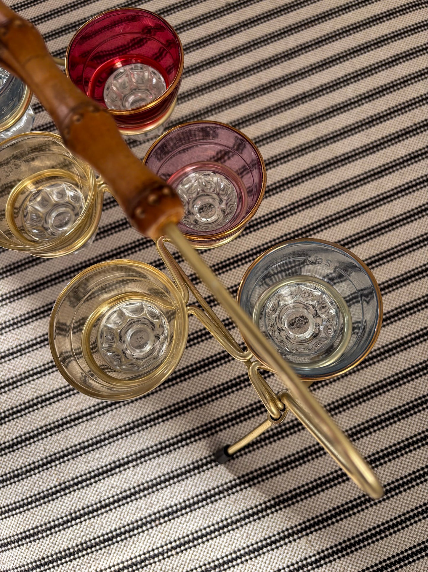 1950s Harlequin Shot Glass Set with Caddy & Bamboo Handle