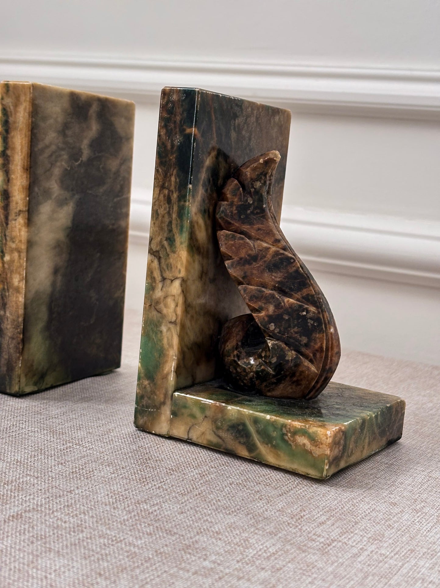 Vintage Italian Alabaster Bookends Pair | Sculptural Marble Stone Art Deco Book Ends