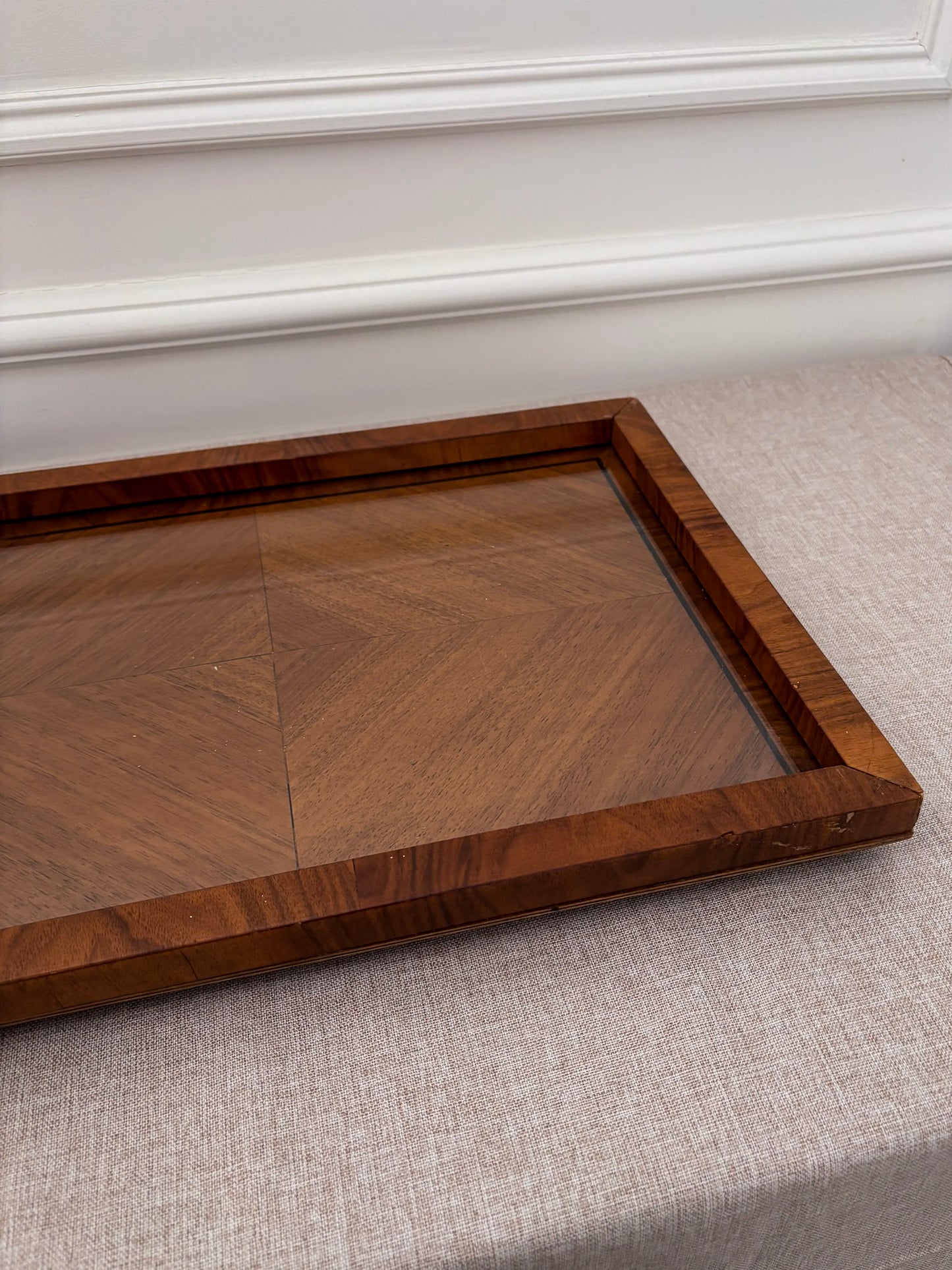 Mid Century Walnut & Glass Serving Tray | Vintage Wood Coffee Table Tray