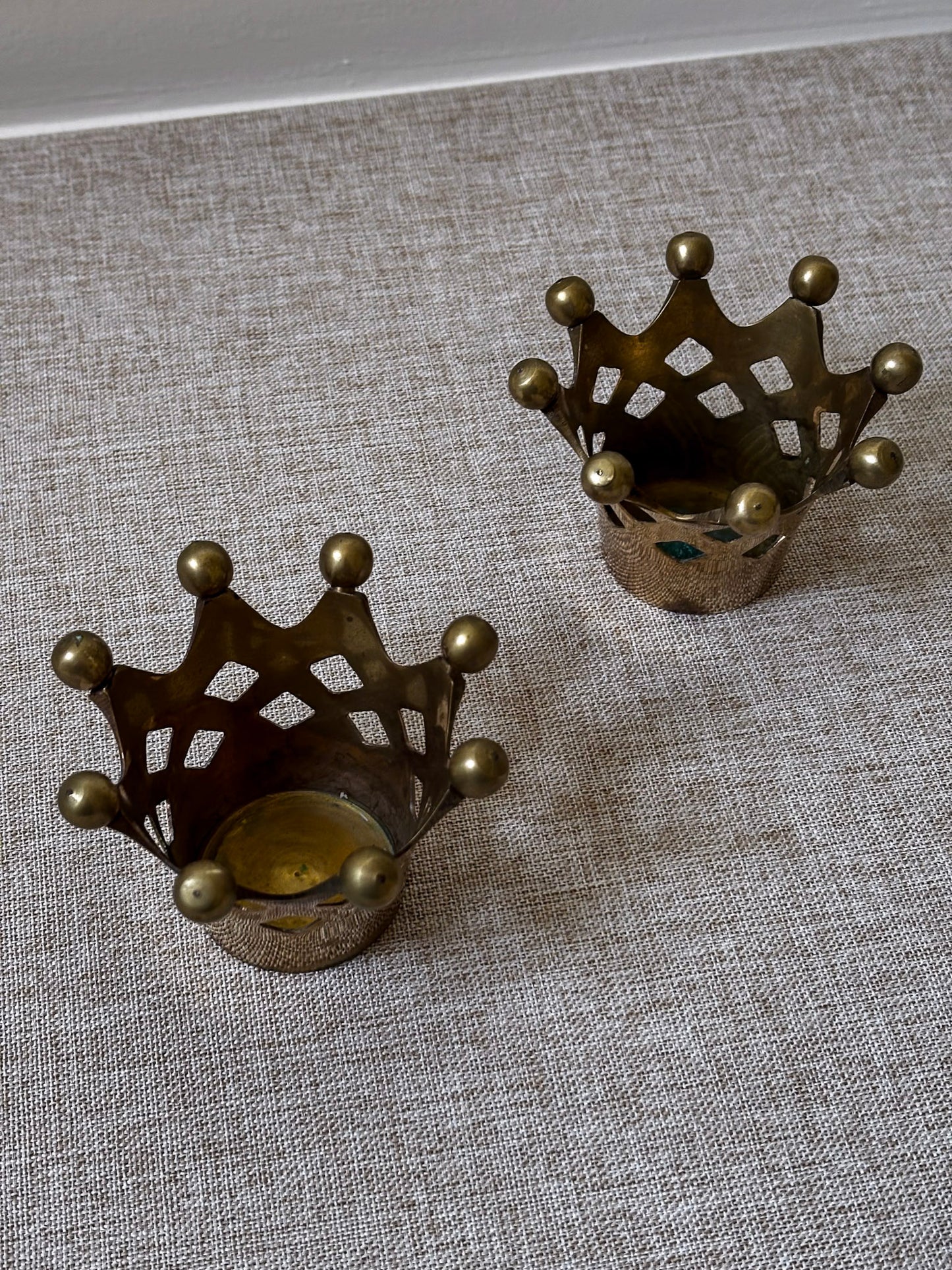 Pair of Vintage Brass Crown Candle Holders | Sculptural Brass Tealight Holders
