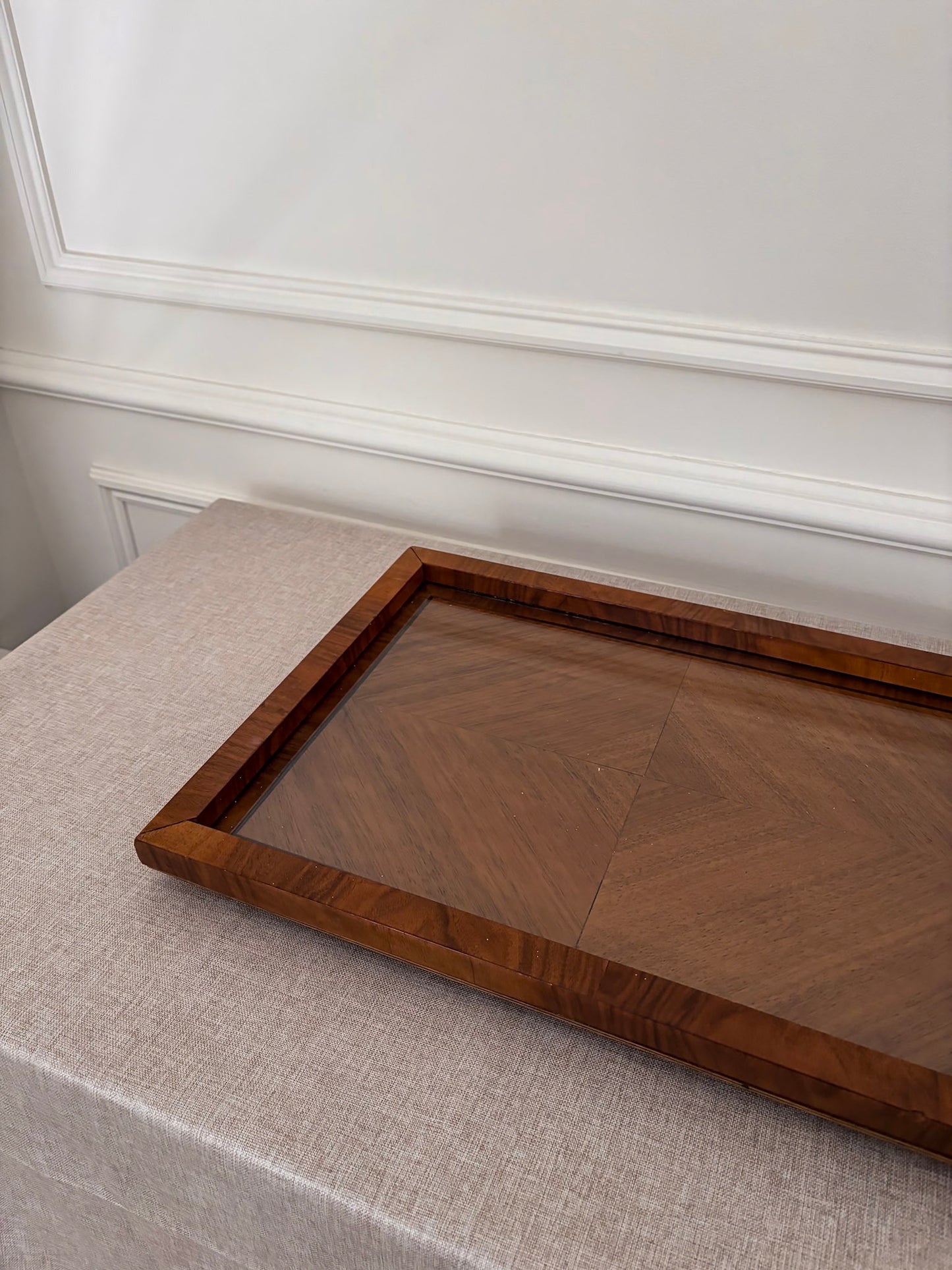 Mid Century Walnut & Glass Serving Tray | Vintage Wood Coffee Table Tray