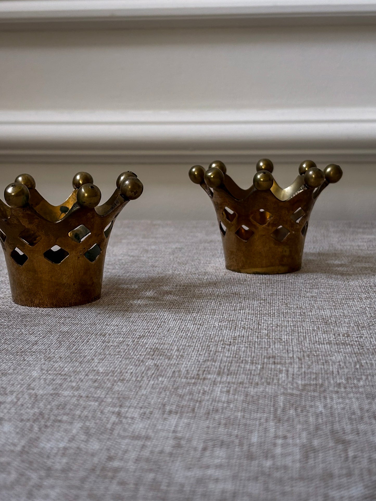 Pair of Vintage Brass Crown Candle Holders | Sculptural Brass Tealight Holders