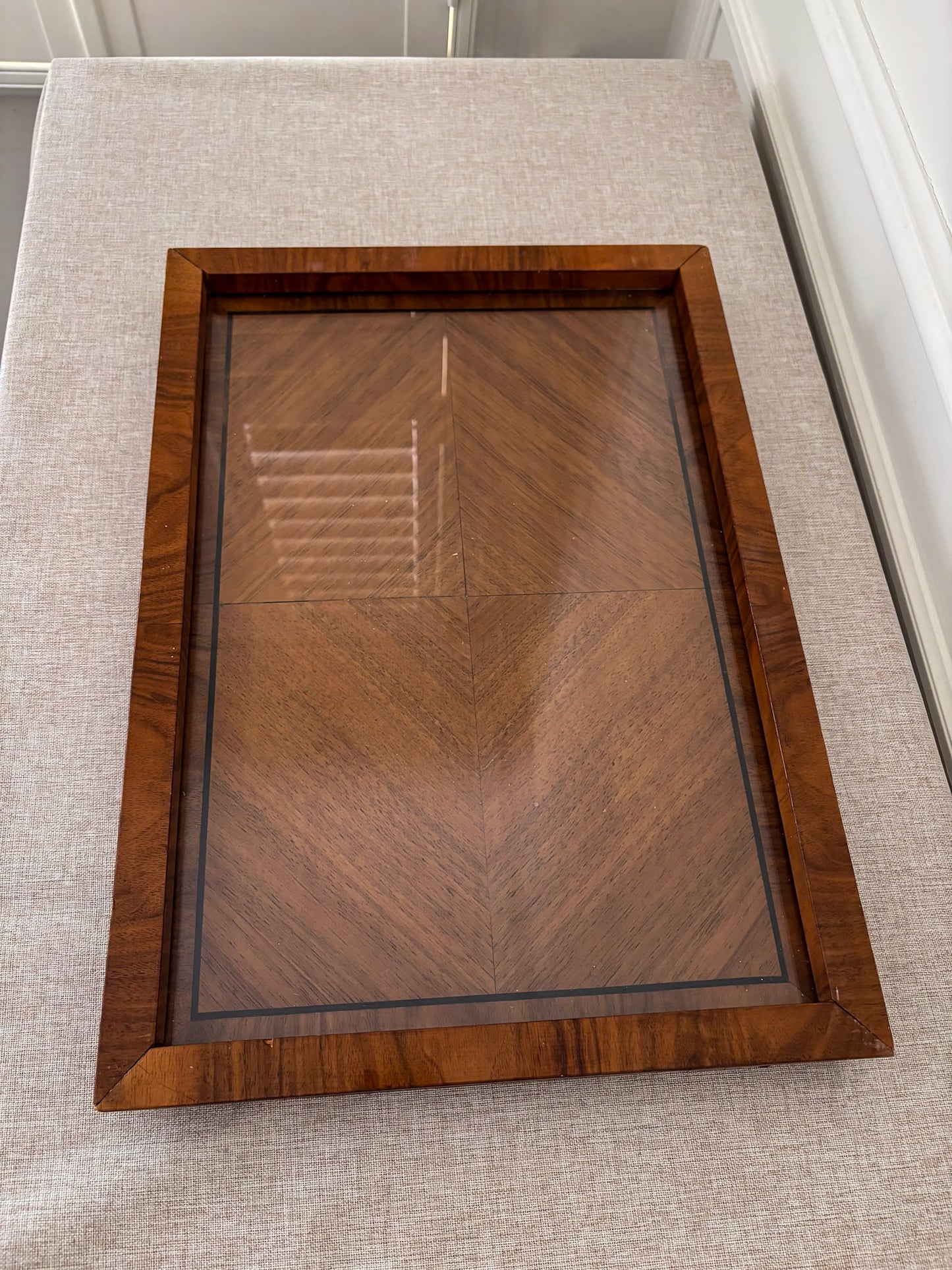 Mid Century Walnut & Glass Serving Tray | Vintage Wood Coffee Table Tray