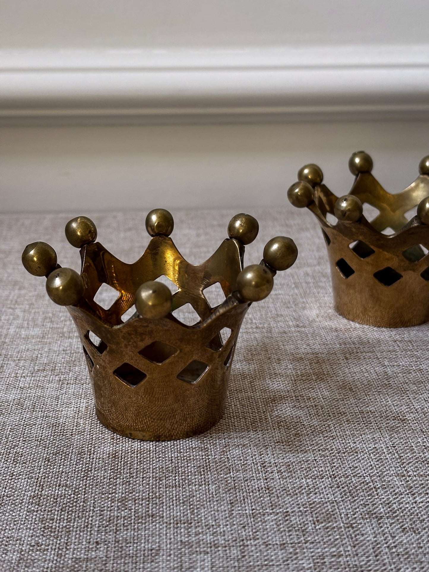 Pair of Vintage Brass Crown Candle Holders | Sculptural Brass Tealight Holders