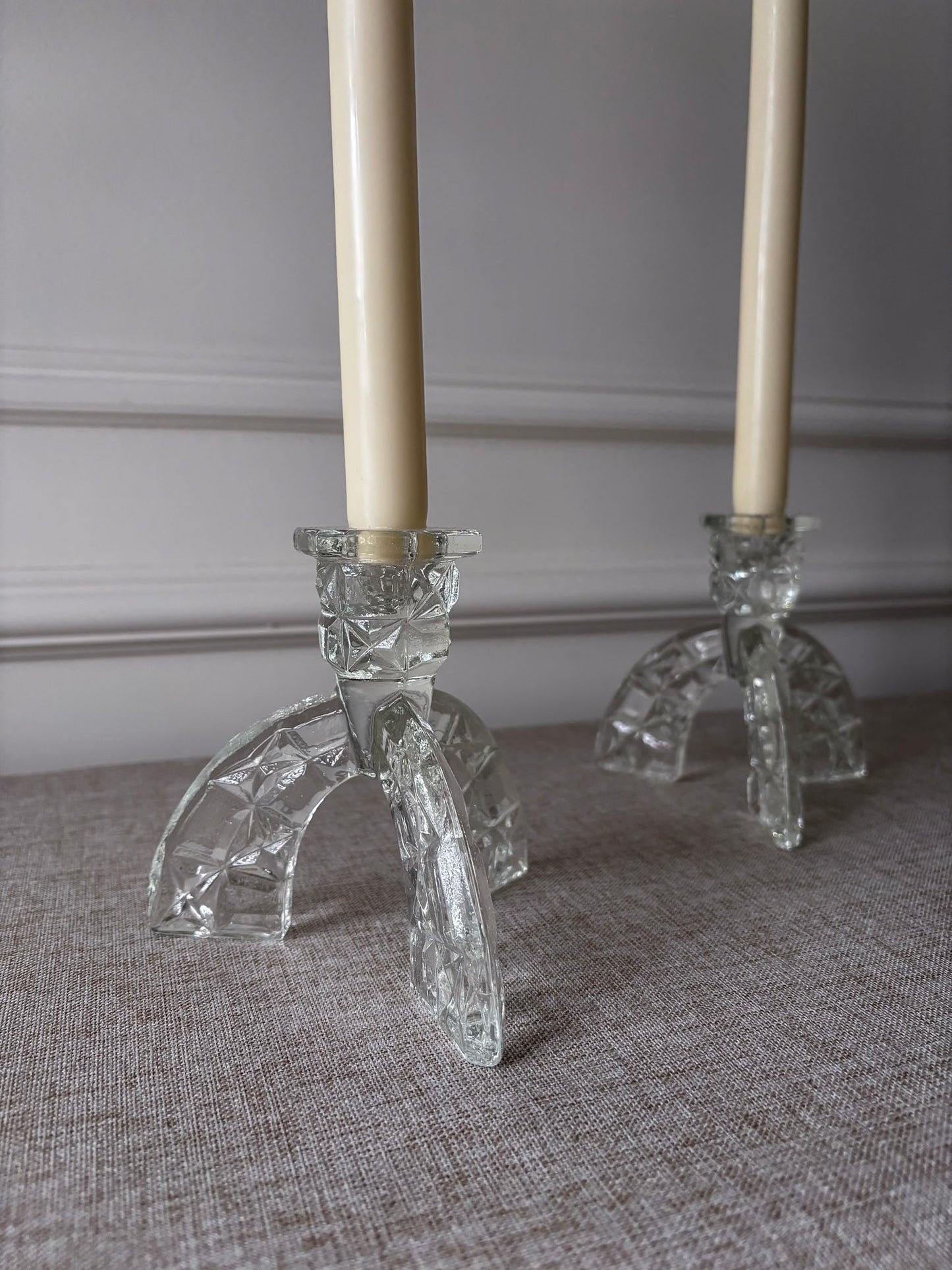 1930s Art Deco Pressed Glass Candlesticks - Pair
