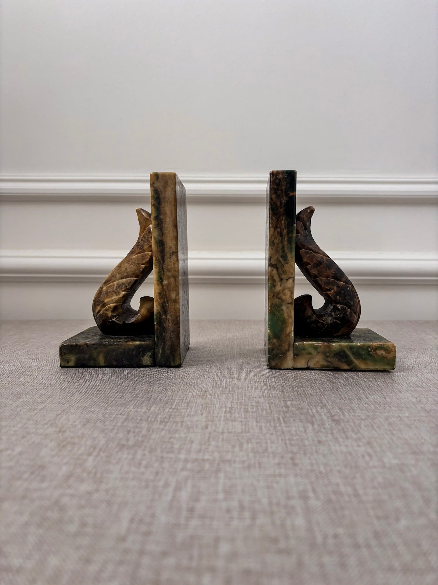 Vintage Italian Alabaster Bookends Pair | Sculptural Marble Stone Art Deco Book Ends