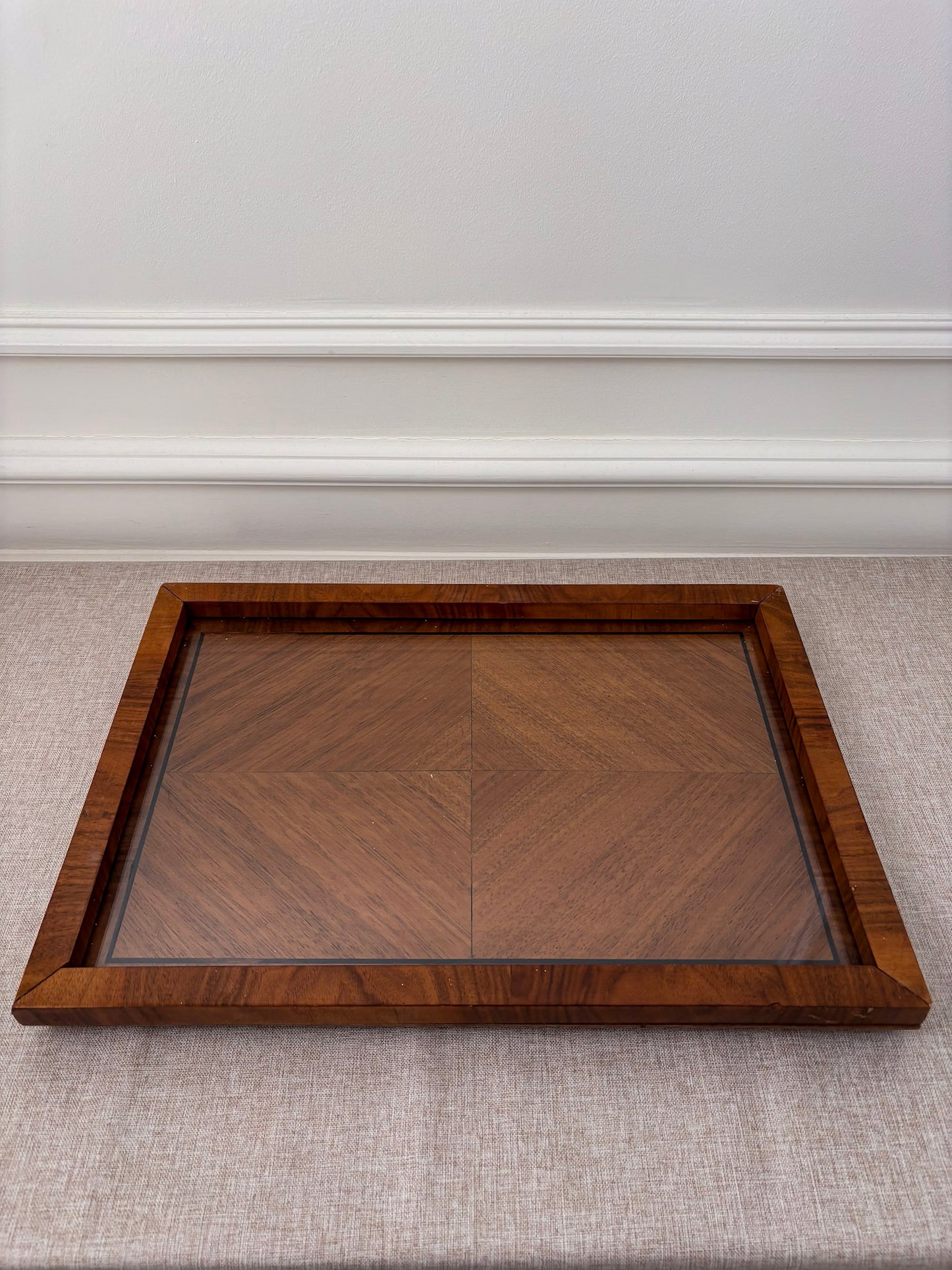 Mid Century Walnut & Glass Serving Tray | Vintage Wood Coffee Table Tray