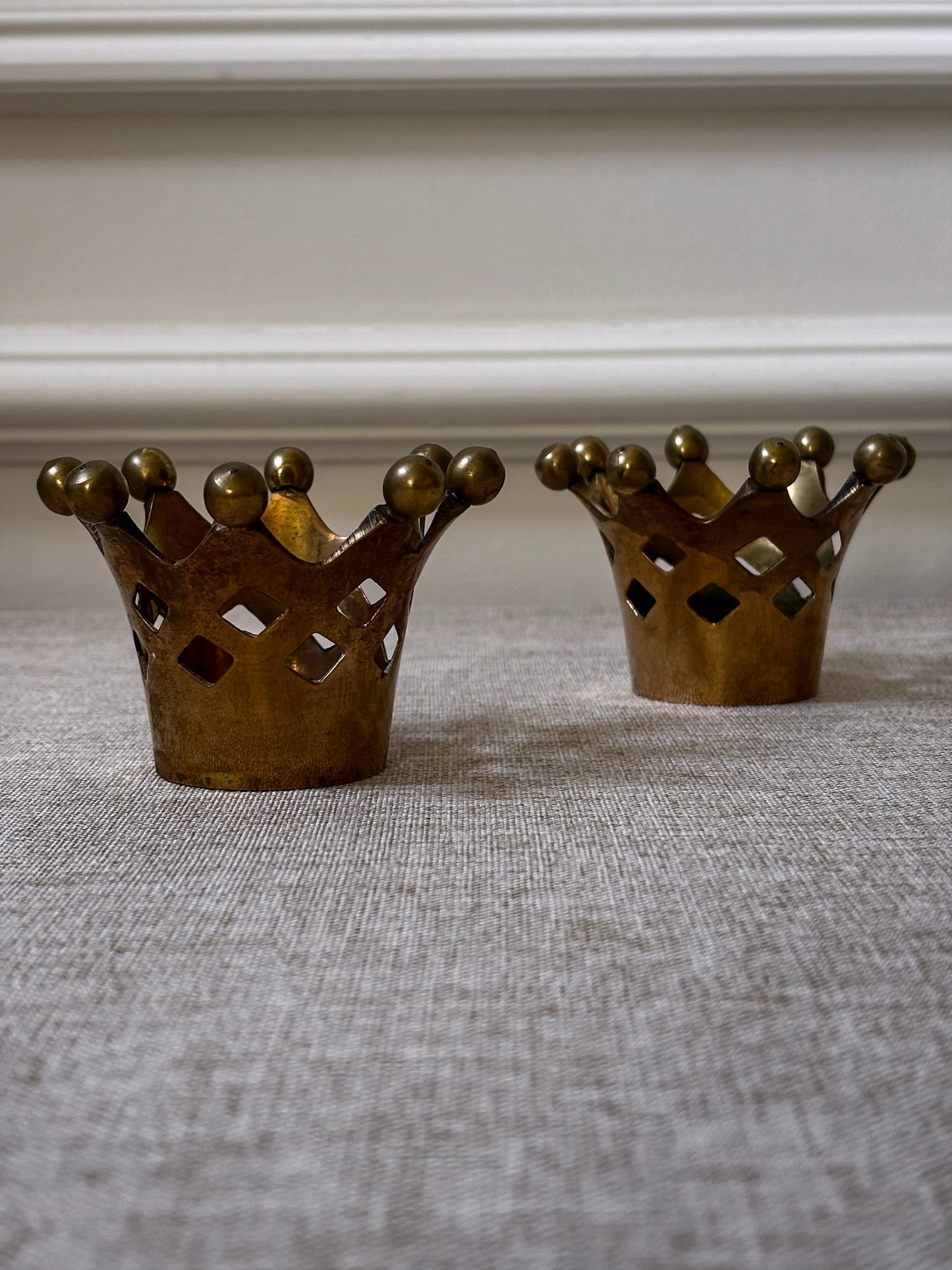 Pair of Vintage Brass Crown Candle Holders | Sculptural Brass Tealight Holders