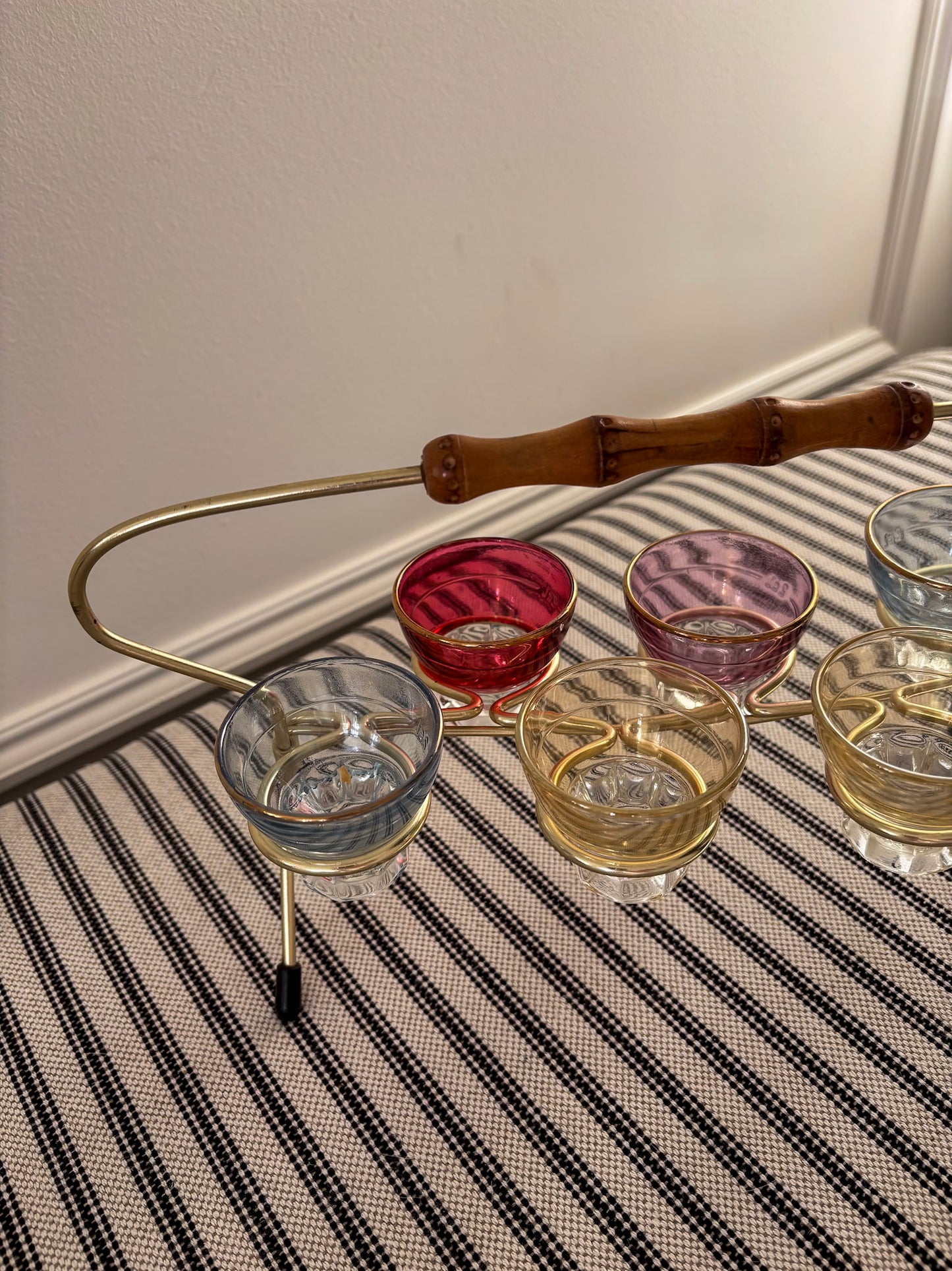 1950s Harlequin Shot Glass Set with Caddy & Bamboo Handle