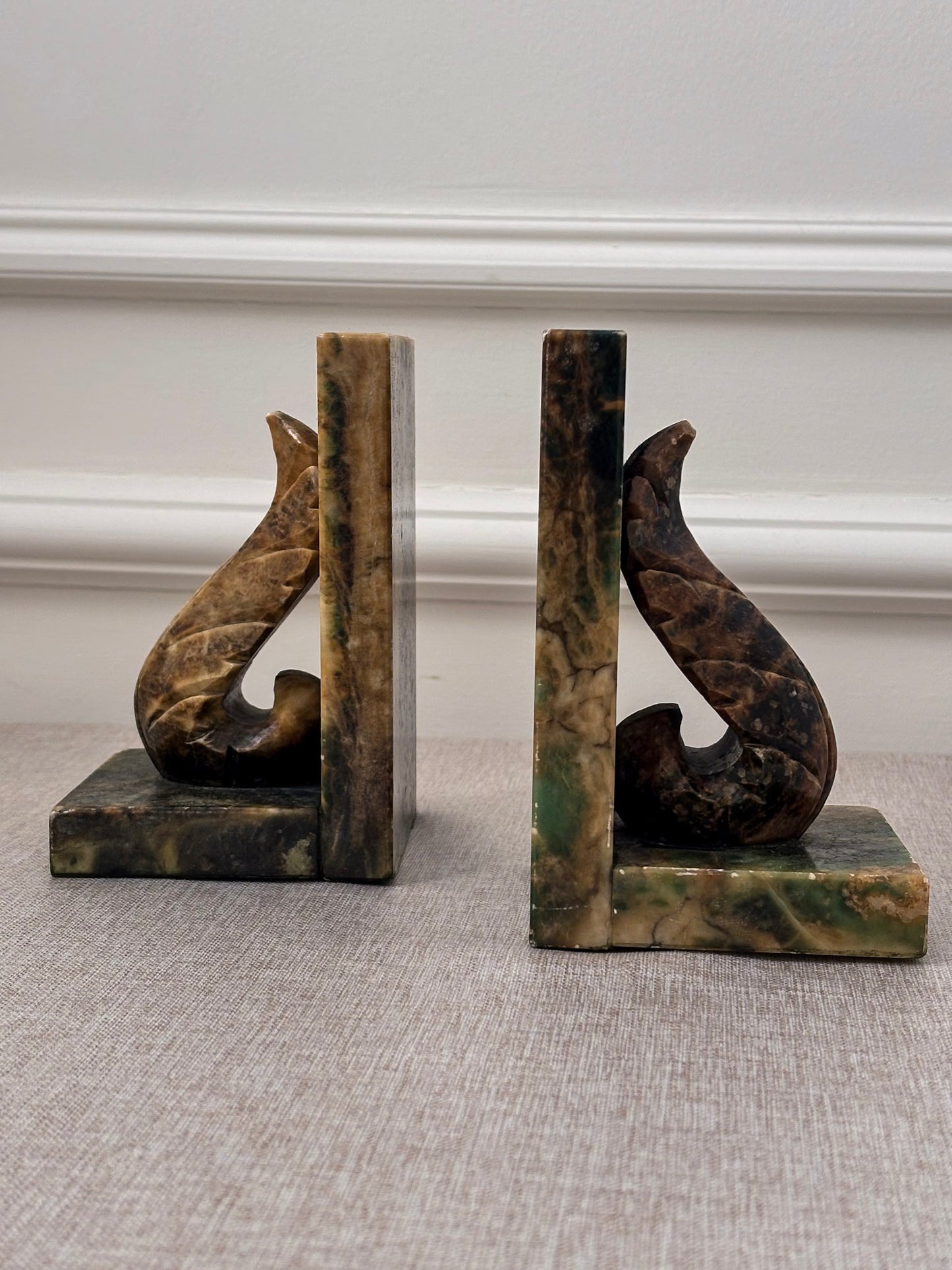Vintage Italian Alabaster Bookends Pair | Sculptural Marble Stone Art Deco Book Ends