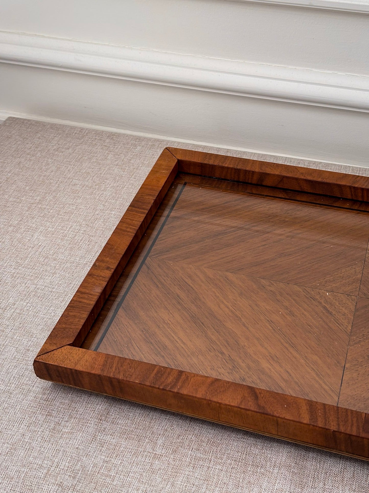 Mid Century Walnut & Glass Serving Tray | Vintage Wood Coffee Table Tray
