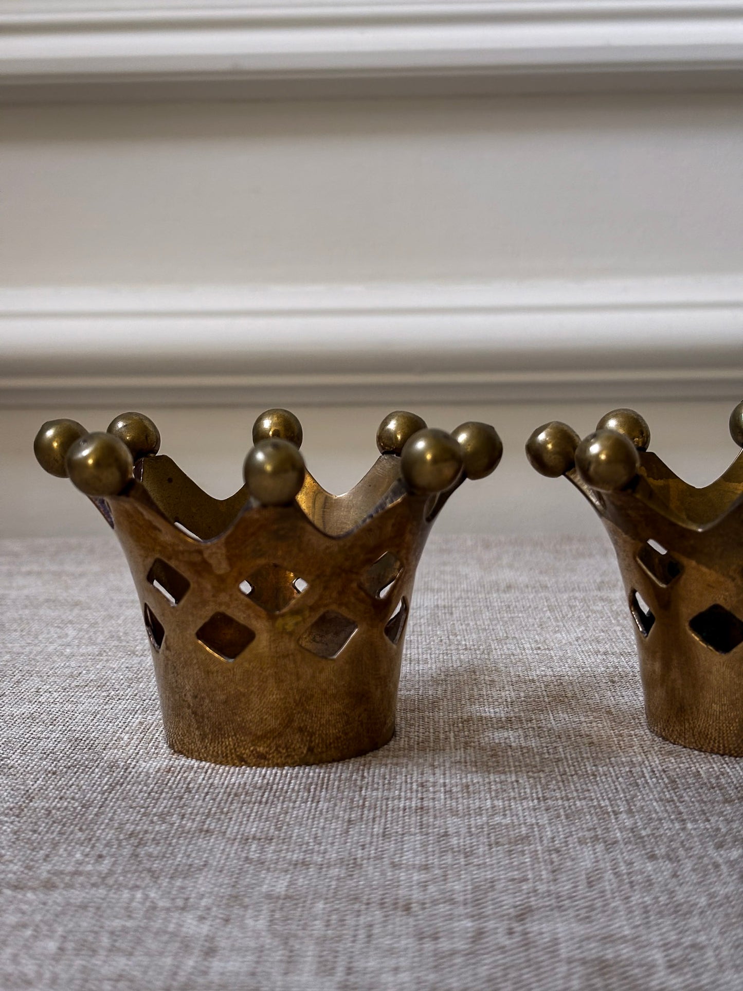Pair of Vintage Brass Crown Candle Holders | Sculptural Brass Tealight Holders